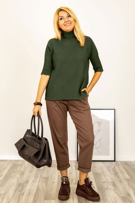 Pulover versatil cu maneci scurte ribbed si guler inalt, din vascoza, kaki [3]