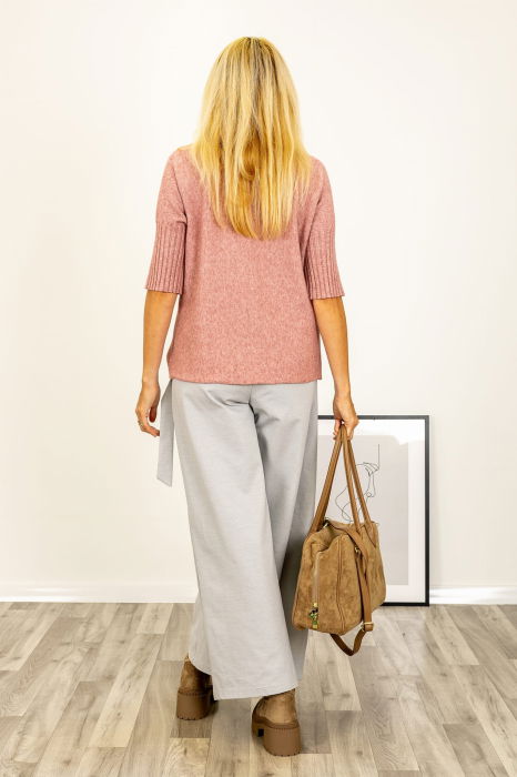 Pulover versatil cu maneci scurte ribbed si guler inalt, din vascoza, roz prafuit [2]