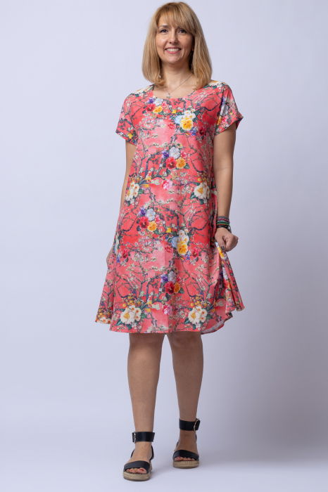 Rochie `A line` midi, silky, cu imprimeu floral pe fundal rosu [1]