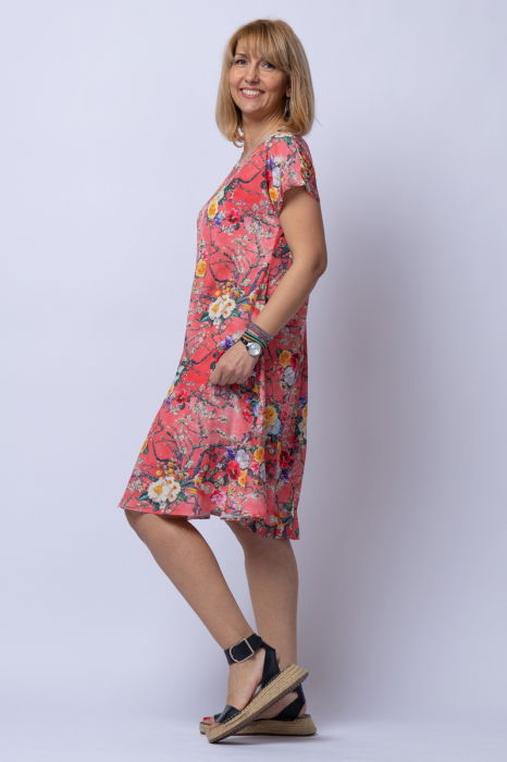 Rochie `A line` midi, silky, cu imprimeu floral pe fundal rosu [2]