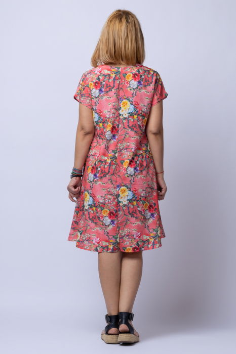 Rochie `A line` midi, silky, cu imprimeu floral pe fundal rosu [3]