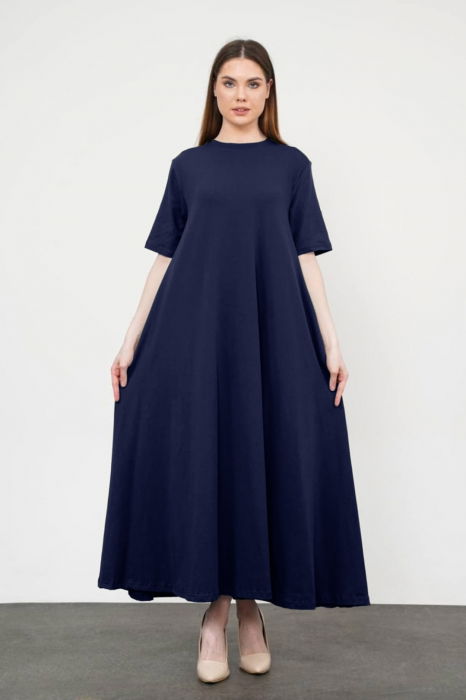 Rochie A-line, ampla, lunga, din jerseu de bumbac, bleumarin