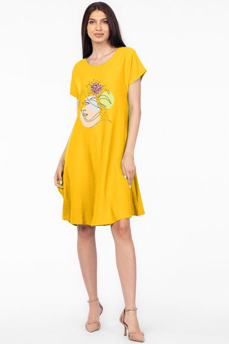 Rochie `A line` galebena din in mercerizat usor creponat, cu imprimeu grafic chip [1]