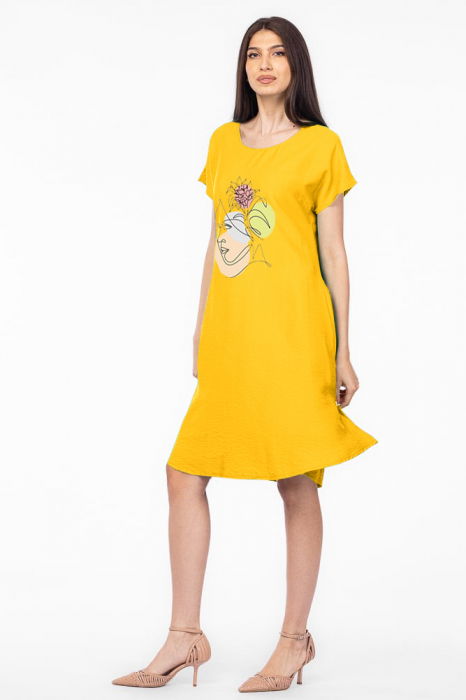 Rochie `A line` galebena din in mercerizat usor creponat, cu imprimeu grafic chip [2]