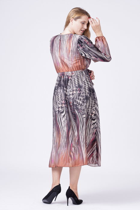 Rochie eleganta cu bust petrecut si imprimeu predominant negru-aramiu [7]