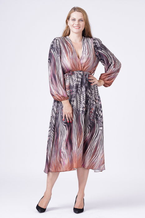 Rochie eleganta cu bust petrecut si imprimeu predominant negru-aramiu [2]