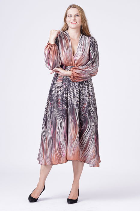 Rochie eleganta cu bust petrecut si imprimeu predominant negru-aramiu [4]