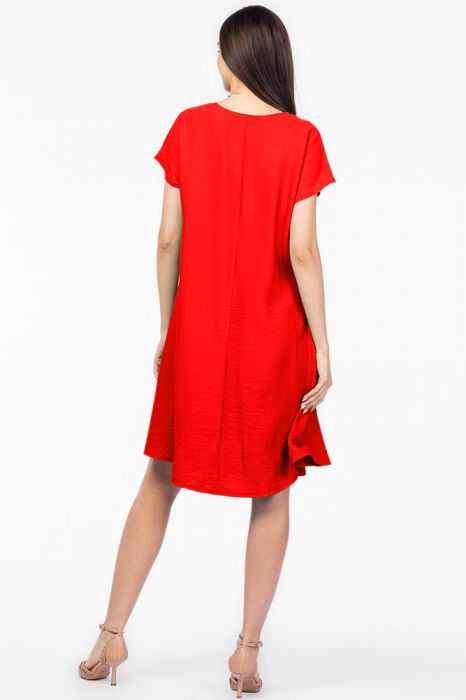 Rochie `A line` rosie din in mercerizat, cu imprimeu grafic chip [3]