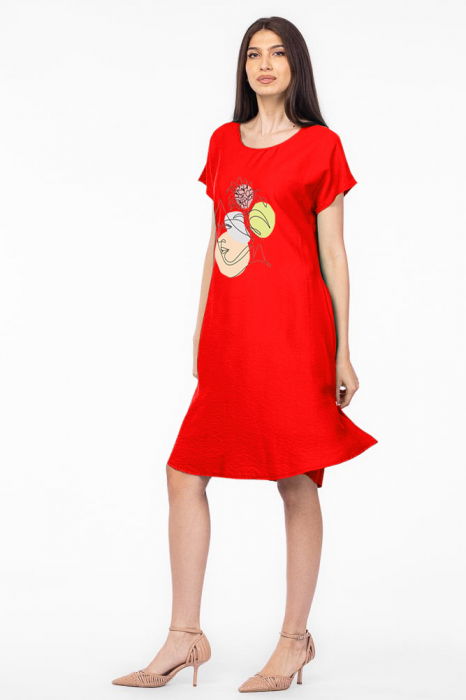 Rochie `A line` rosie din in mercerizat, cu imprimeu grafic chip [2]