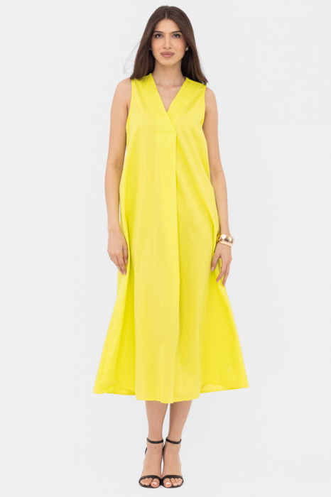 Rochie lunga A-line cu decolteu in V, din poplin de bumbac, verde lime [2]