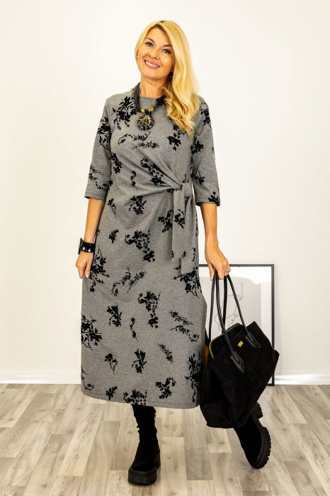 Rochie cu nod intr-o parte imprimata cu flori embosate si catifelate, din jerseu de bumbac gri [5]