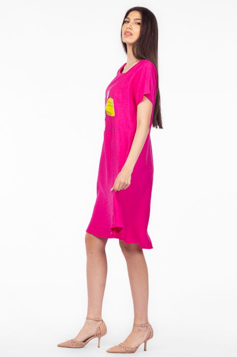 Rochie `A line` fucsia din in mercerizat, cu imprimeu grafic chip [2]