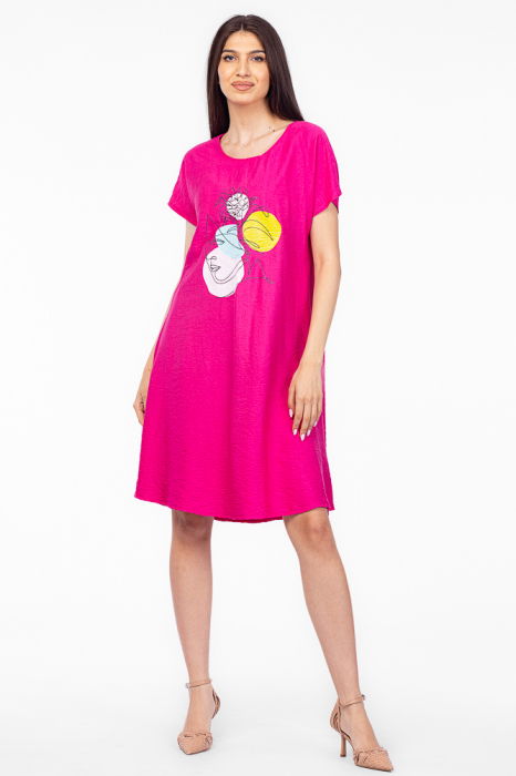 Rochie `A line` fucsia din in mercerizat, cu imprimeu grafic chip [1]