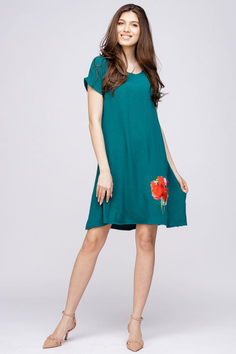 Rochie `A line` din crep de vascoza verde, cu imprimeu maci stilizati [2]