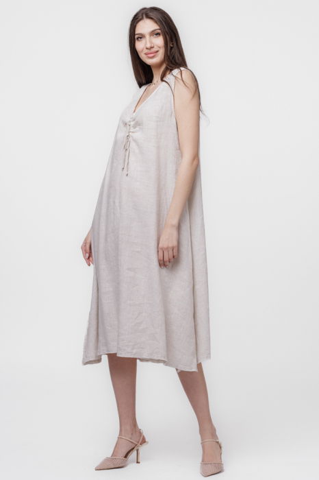 Rochie A-line din in, fara maneci, cu siret pe bust, bej [2]