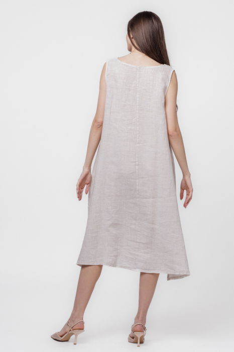 Rochie A-line din in, fara maneci, cu siret pe bust, bej [3]