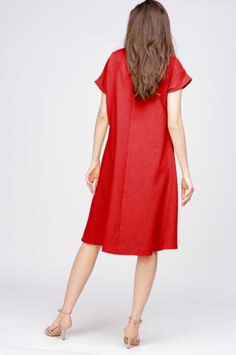 Rochie `A line` din in mercerizat rosie, cu imprimeu fluture stilizat [3]