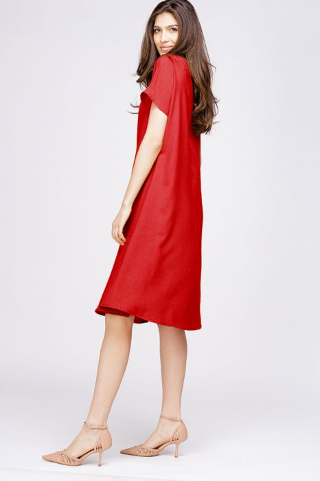 Rochie `A line` din in mercerizat rosie, cu imprimeu fluture stilizat [2]