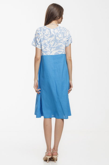 Rochie Eva A line, din in mercerizat, albastra cu platca imprimata [3]
