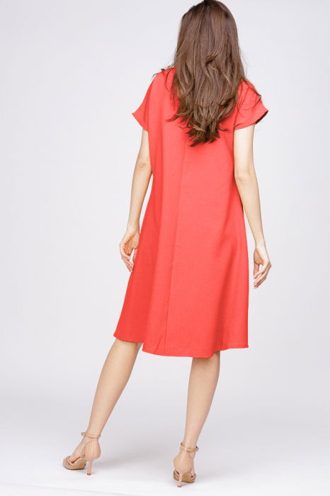 Rochie `A line` din in mercerizat corai, cu imprimeu fluture stilizat [3]