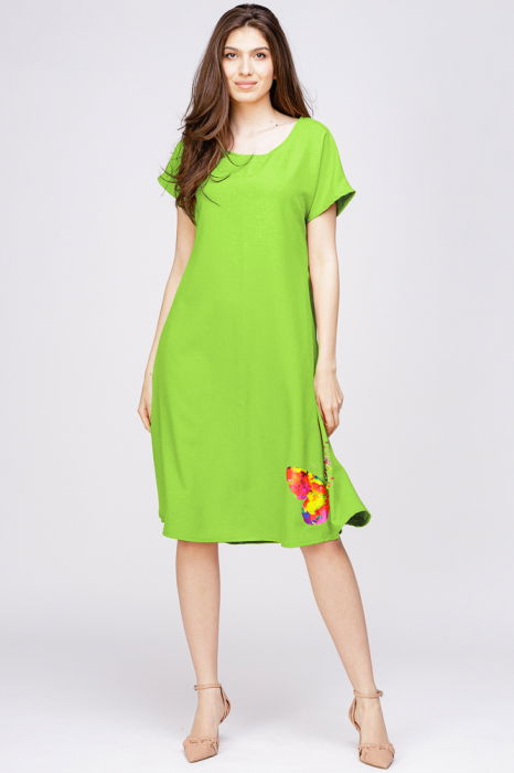 Rochie `A line` din in mercerizat verde lime, cu imprimeu fluture stilizat [1]