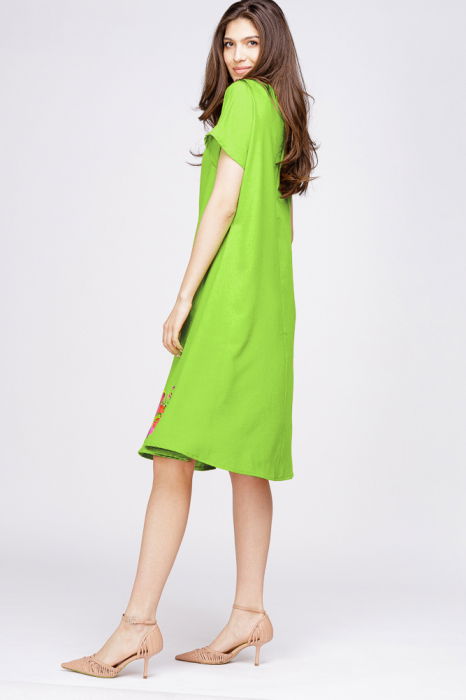 Rochie `A line` din in mercerizat verde lime, cu imprimeu fluture stilizat [2]