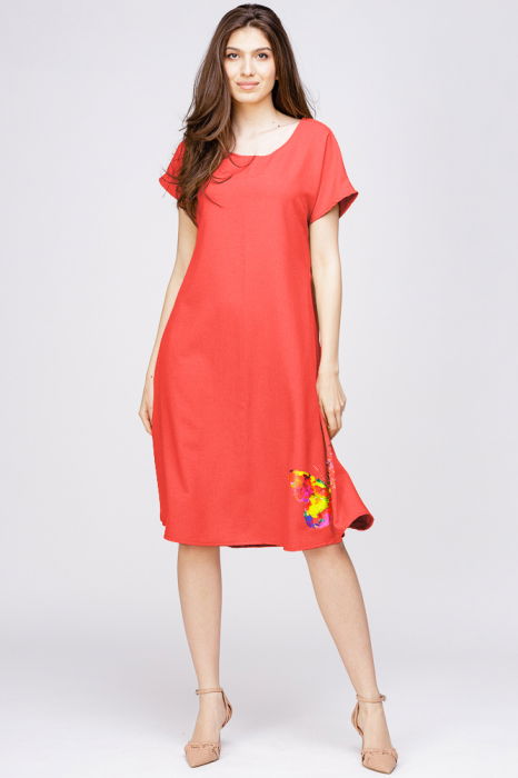 Rochie `A line` din in mercerizat corai, cu imprimeu fluture stilizat [1]