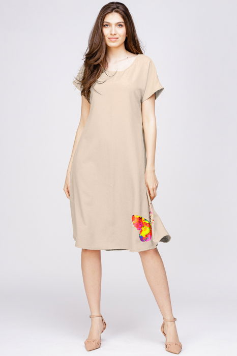 Rochie `A line` din in mercerizat bej, cu imprimeu fluture stilizat [1]