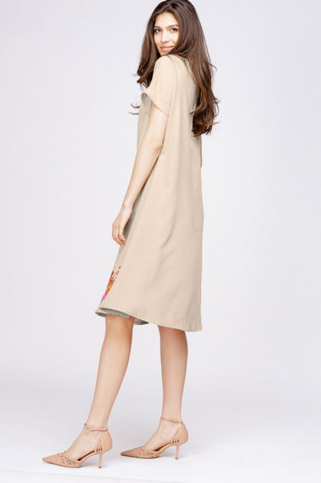 Rochie `A line` din in mercerizat bej, cu imprimeu fluture stilizat [2]