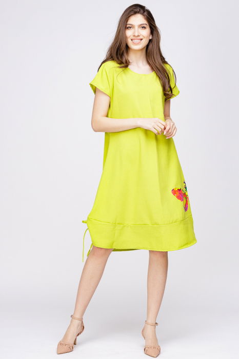 Rochie `A line` din in mercerizat, galben lime, cu sireturi laterale si imprimeu fluture stilizat [1]