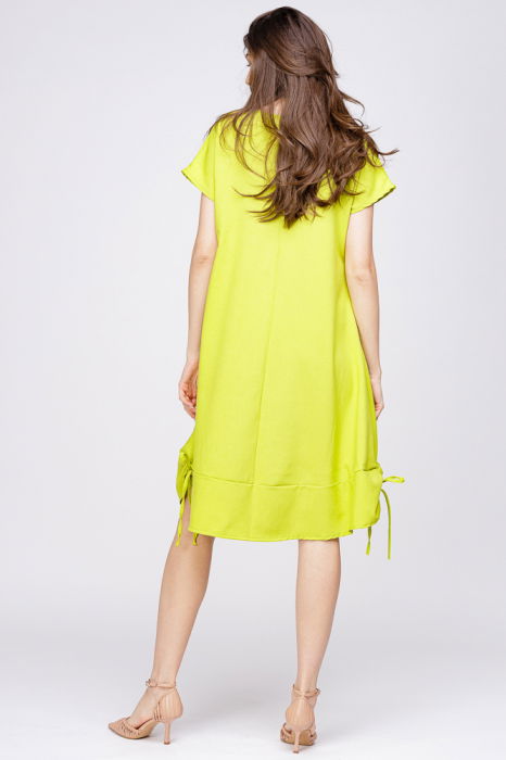 Rochie `A line` din in mercerizat, galben lime, cu sireturi laterale si imprimeu fluture stilizat [3]