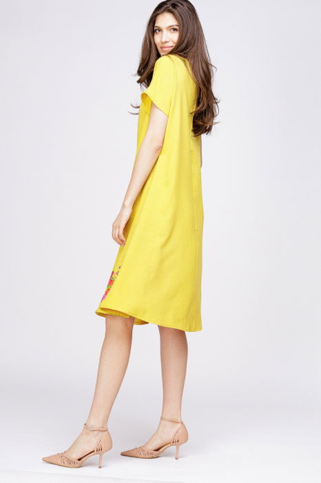 Rochie `A line` din in mercerizat galbena, cu imprimeu fluture stilizat [2]