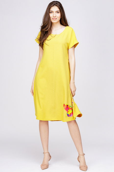 Rochie `A line` din in mercerizat galbena, cu imprimeu fluture stilizat [1]