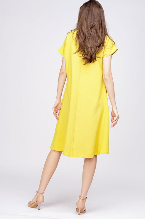 Rochie `A line` din in mercerizat galbena, cu imprimeu fluture stilizat [3]