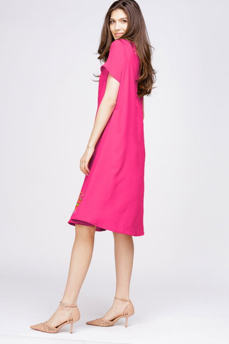 Rochie `A line` din in mercerizat fucsia, cu imprimeu fluture stilizat [2]