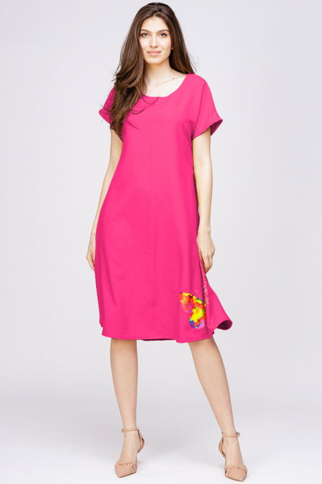 Rochie `A line` din in mercerizat fucsia, cu imprimeu fluture stilizat [1]