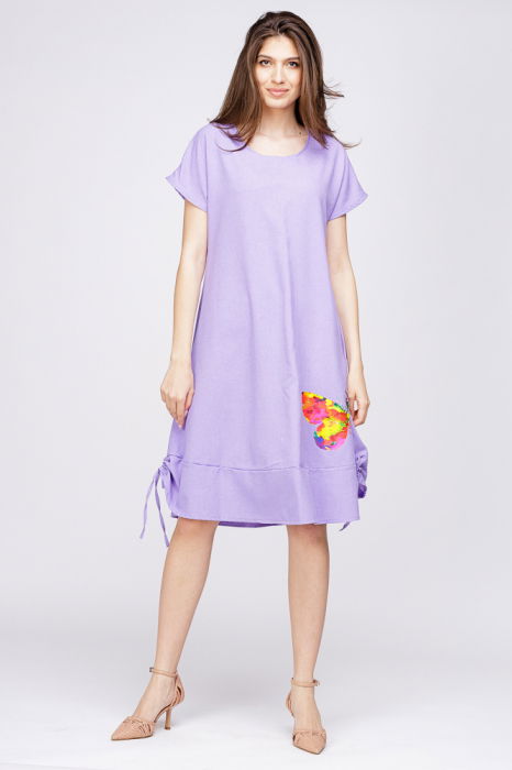 Rochie `A line` din in mercerizat, lila, cu sireturi laterale si imprimeu fluture stilizat [2]