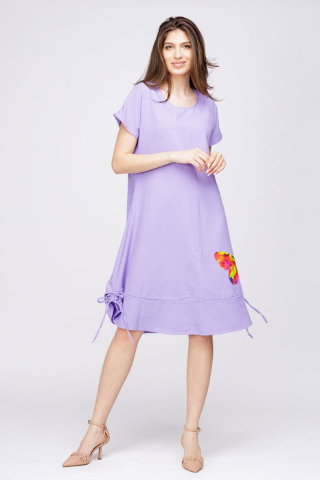 Rochie `A line` din in mercerizat, lila, cu sireturi laterale si imprimeu fluture stilizat [1]