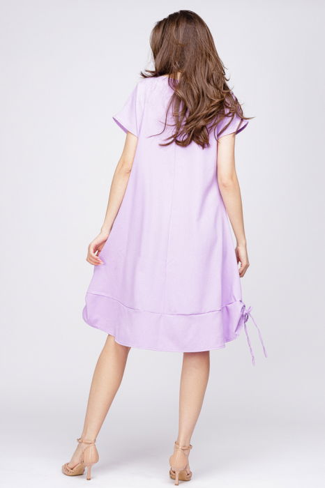 Rochie `A line` din in mercerizat, mov deschis, cu sireturi laterale si imprimeu fluture stilizat [3]