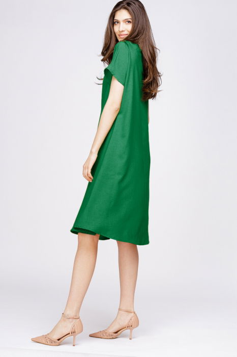 Rochie `A line` din in mercerizat verde, cu imprimeu fluture stilizat [2]