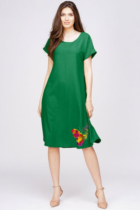 Rochie `A line` din in mercerizat verde, cu imprimeu fluture stilizat [1]