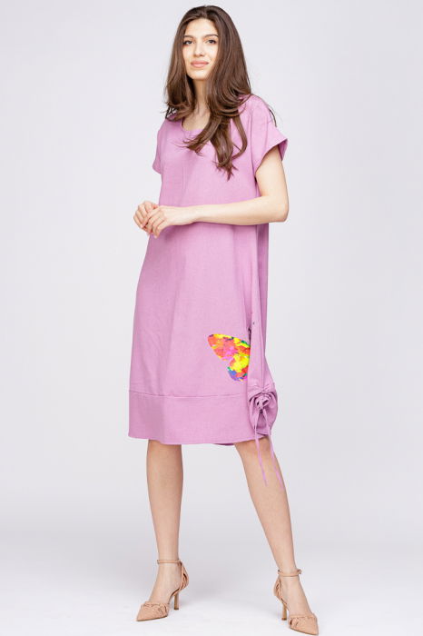 Rochie `A line` din in mercerizat, viorie, cu sireturi laterale si imprimeu fluture stilizat [3]