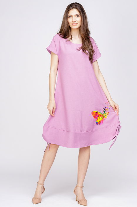 Rochie `A line` din in mercerizat, viorie, cu sireturi laterale si imprimeu fluture stilizat [2]