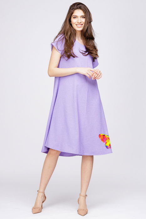 Rochie `A line` din in mercerizat lila, cu imprimeu fluture stilizat [1]