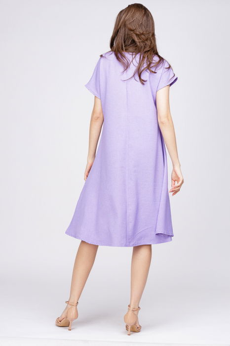 Rochie `A line` din in mercerizat lila, cu imprimeu fluture stilizat [3]