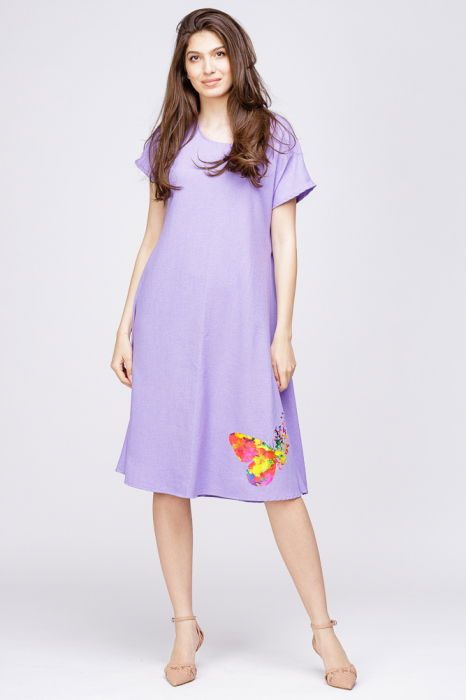 Rochie `A line` din in mercerizat lila, cu imprimeu fluture stilizat [2]