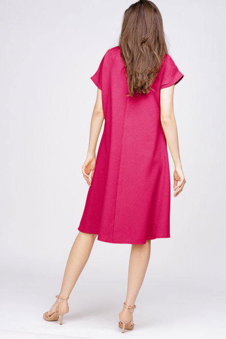 Rochie `A line` din in mercerizat magenta, cu imprimeu fluture stilizat [3]