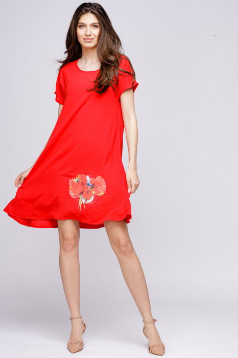 Rochie `A line` din crep de vascoza rosie, cu imprimeu maci stilizati [2]