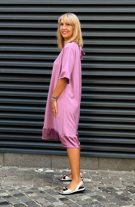 Rochie din in mercerizat cu volanas si funda spate, lila [4]