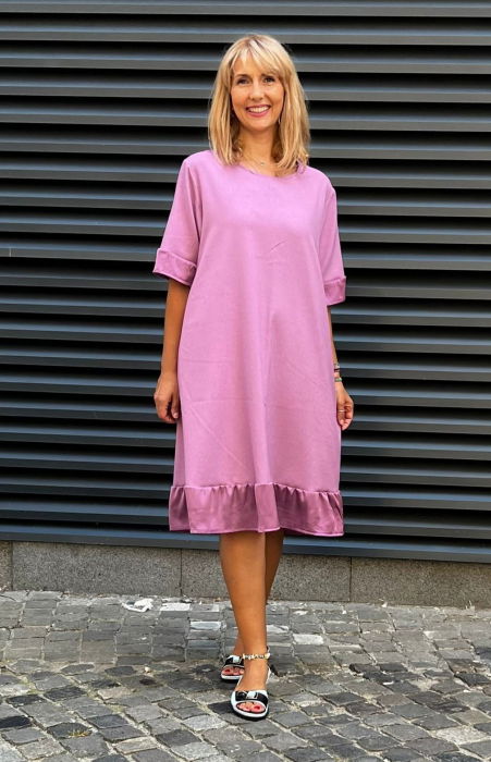 Rochie din in mercerizat cu volanas si funda spate, lila [1]